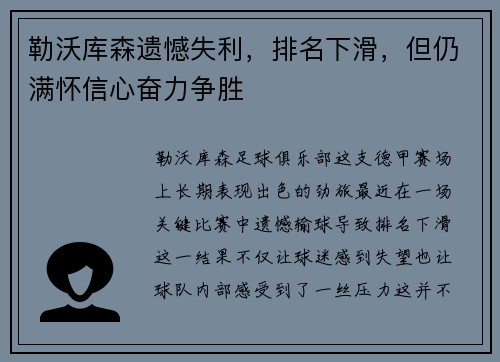 勒沃库森遗憾失利，排名下滑，但仍满怀信心奋力争胜