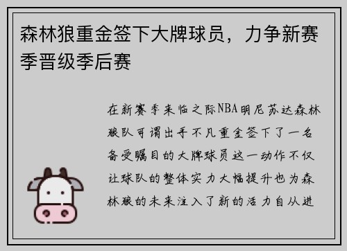 森林狼重金签下大牌球员，力争新赛季晋级季后赛