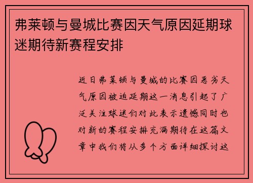 弗莱顿与曼城比赛因天气原因延期球迷期待新赛程安排